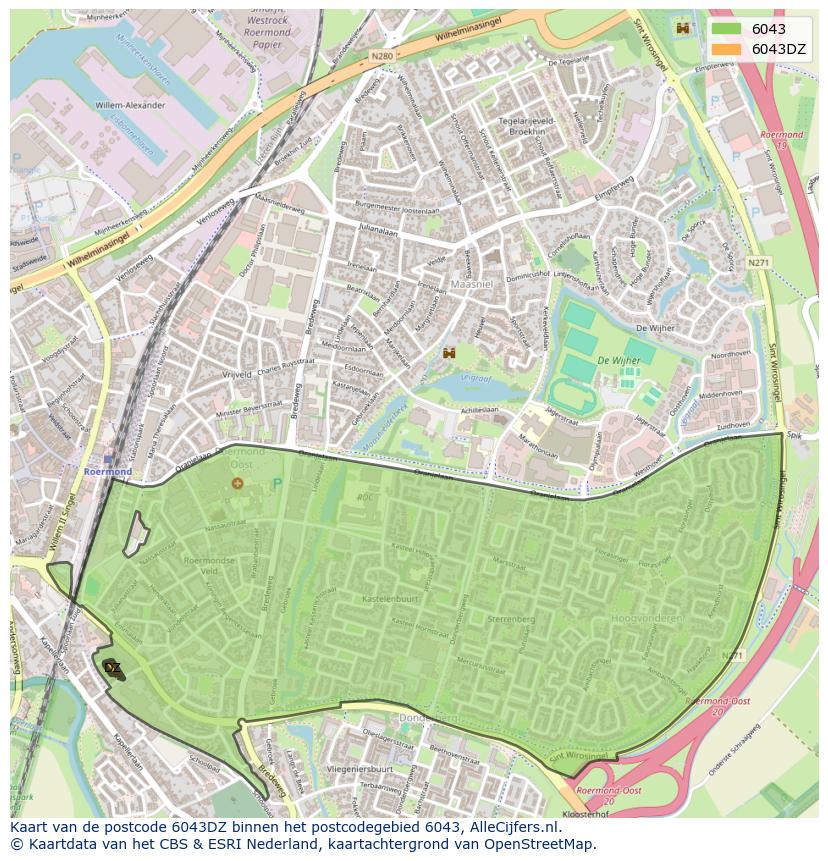 Afbeelding van het postcodegebied 6043 DZ op de kaart.