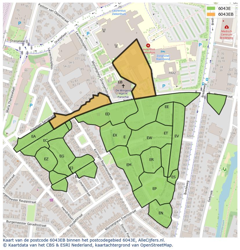 Afbeelding van het postcodegebied 6043 EB op de kaart.