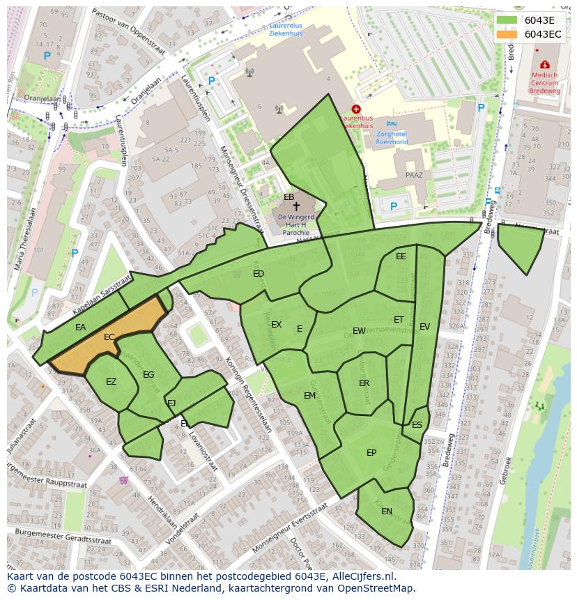 Afbeelding van het postcodegebied 6043 EC op de kaart.