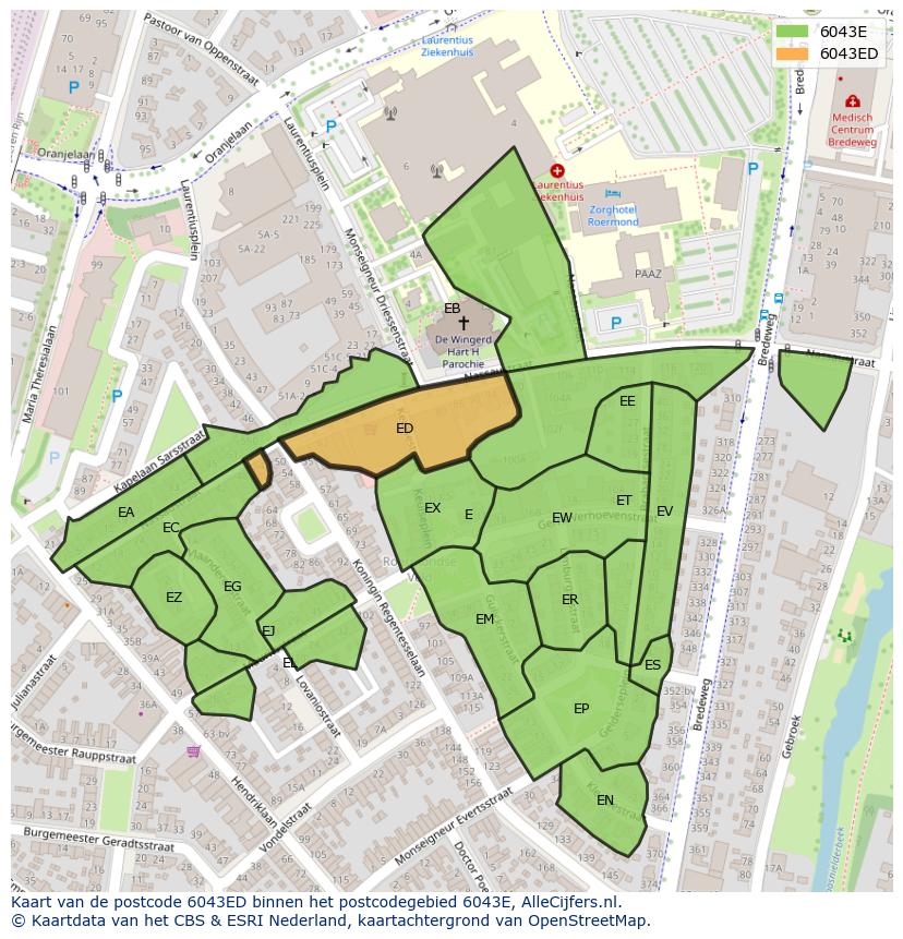 Afbeelding van het postcodegebied 6043 ED op de kaart.