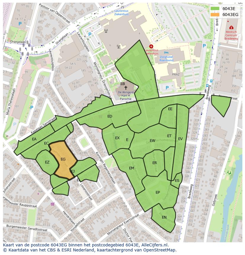 Afbeelding van het postcodegebied 6043 EG op de kaart.