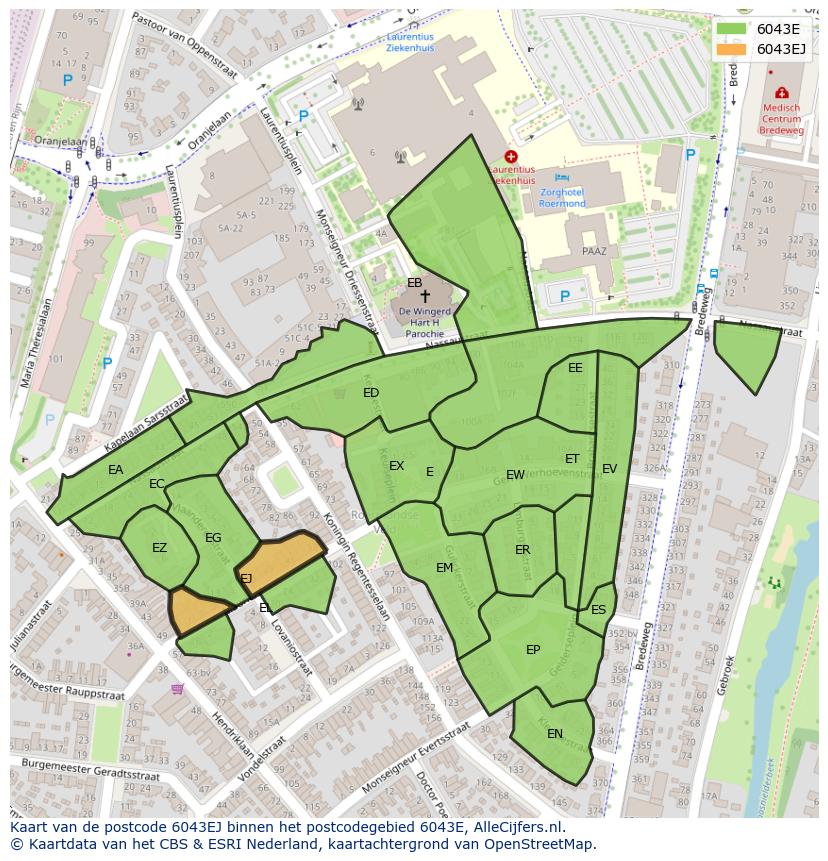 Afbeelding van het postcodegebied 6043 EJ op de kaart.