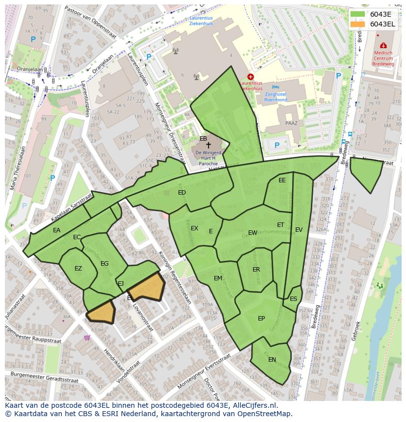 Afbeelding van het postcodegebied 6043 EL op de kaart.
