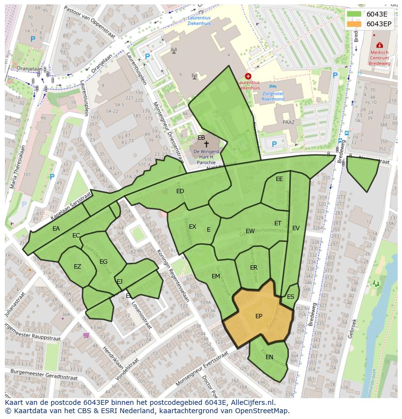 Afbeelding van het postcodegebied 6043 EP op de kaart.