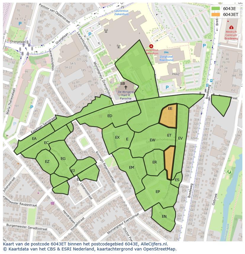 Afbeelding van het postcodegebied 6043 ET op de kaart.