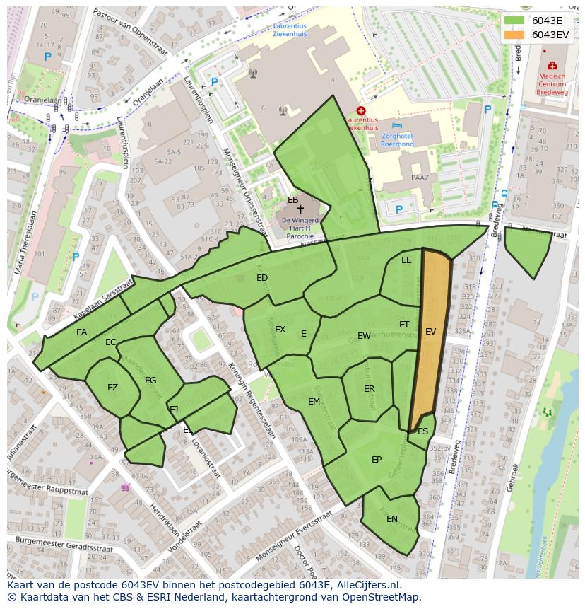 Afbeelding van het postcodegebied 6043 EV op de kaart.