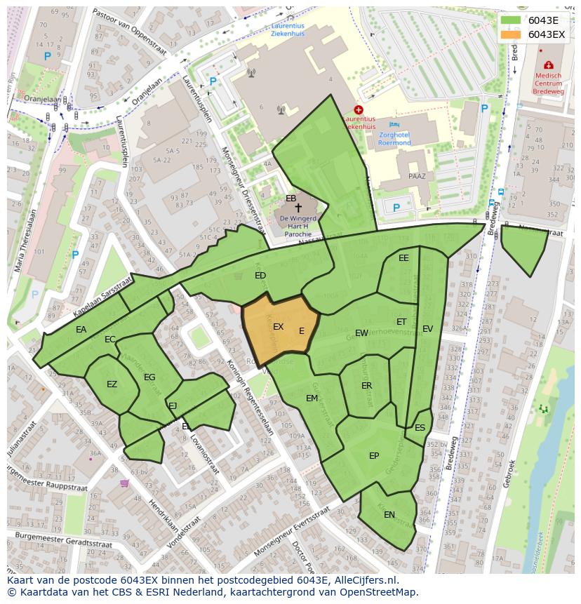 Afbeelding van het postcodegebied 6043 EX op de kaart.