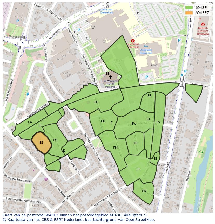 Afbeelding van het postcodegebied 6043 EZ op de kaart.
