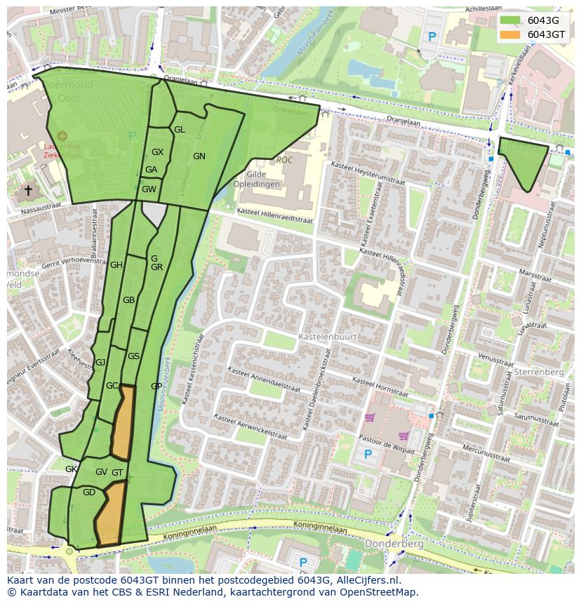 Afbeelding van het postcodegebied 6043 GT op de kaart.