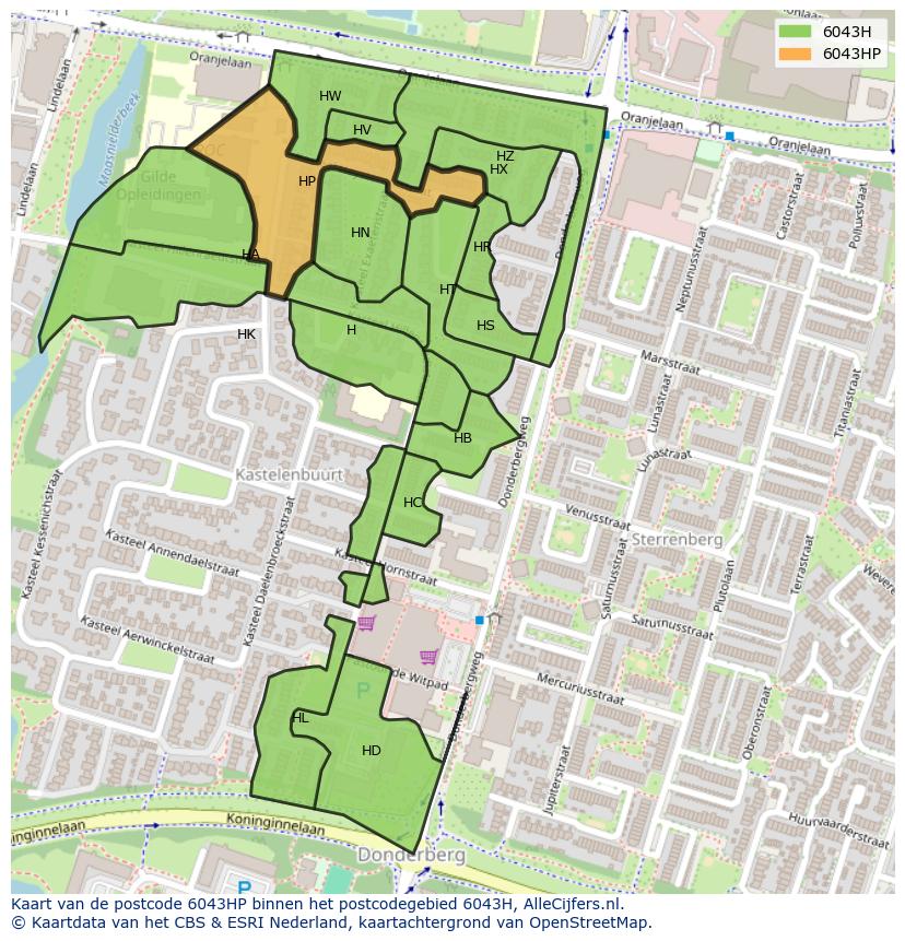 Afbeelding van het postcodegebied 6043 HP op de kaart.