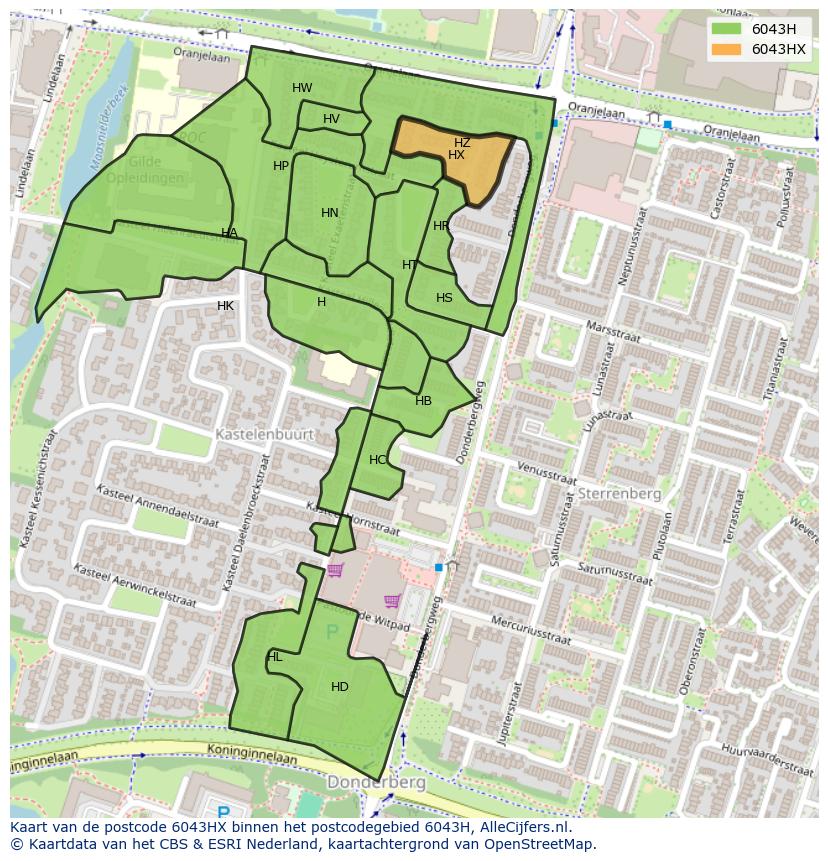 Afbeelding van het postcodegebied 6043 HX op de kaart.