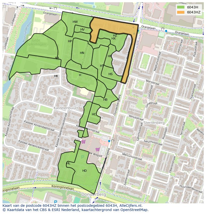 Afbeelding van het postcodegebied 6043 HZ op de kaart.