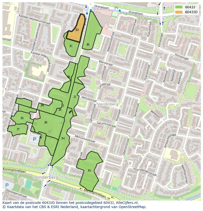 Afbeelding van het postcodegebied 6043 JD op de kaart.