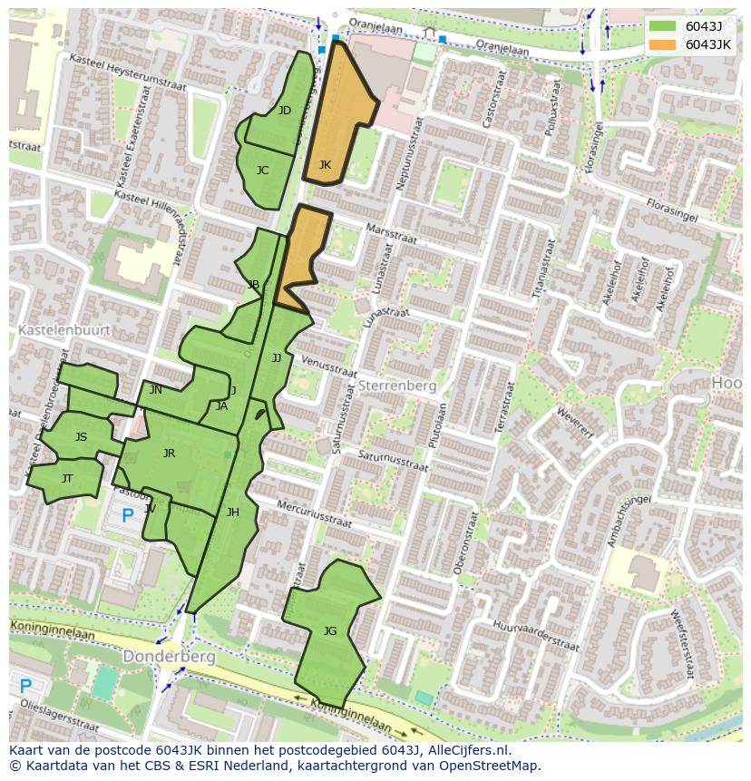 Afbeelding van het postcodegebied 6043 JK op de kaart.