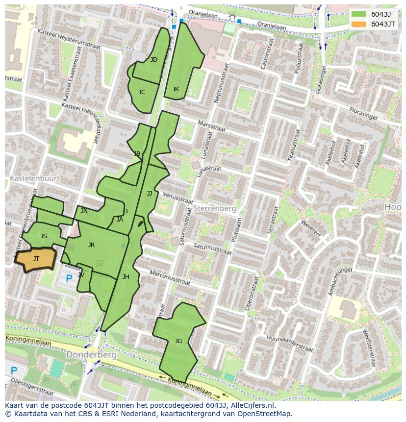 Afbeelding van het postcodegebied 6043 JT op de kaart.