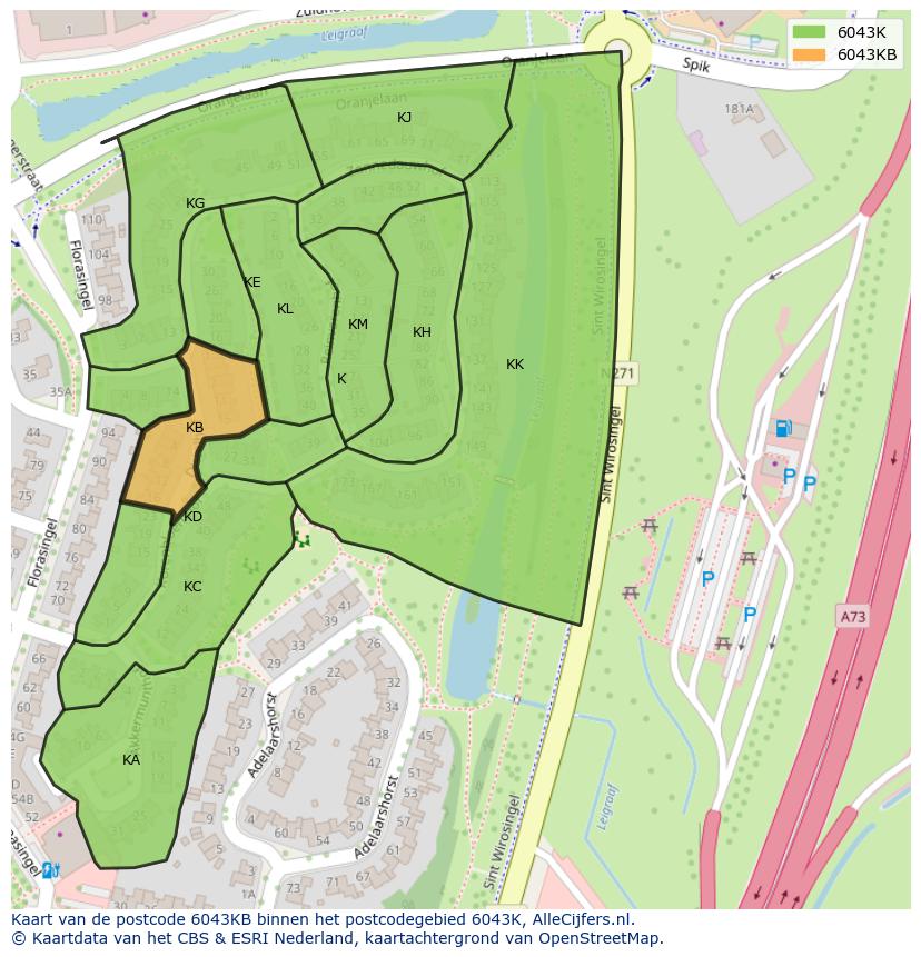 Afbeelding van het postcodegebied 6043 KB op de kaart.