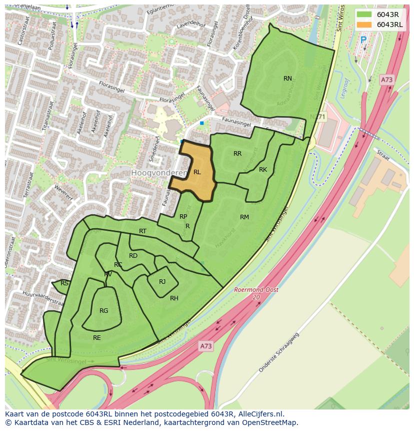Afbeelding van het postcodegebied 6043 RL op de kaart.