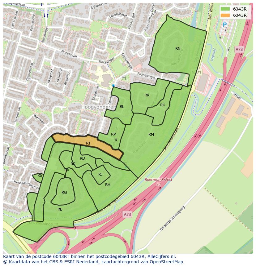 Afbeelding van het postcodegebied 6043 RT op de kaart.
