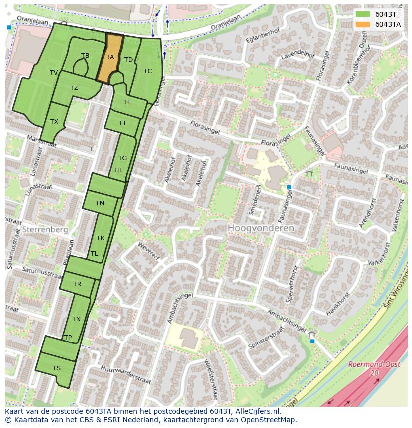 Afbeelding van het postcodegebied 6043 TA op de kaart.