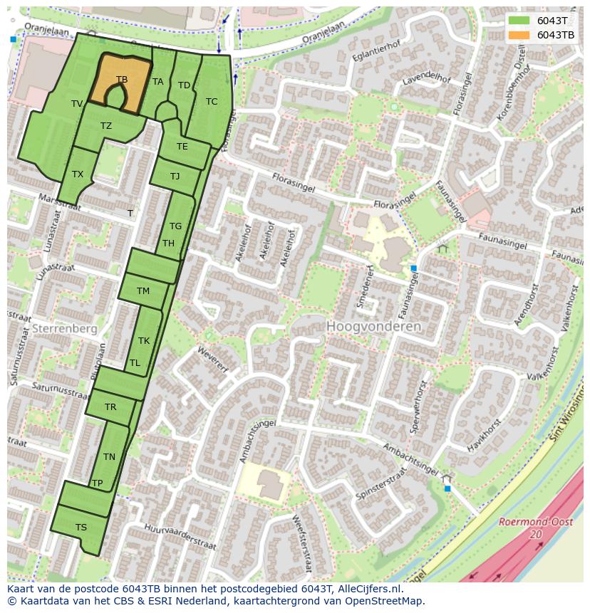 Afbeelding van het postcodegebied 6043 TB op de kaart.