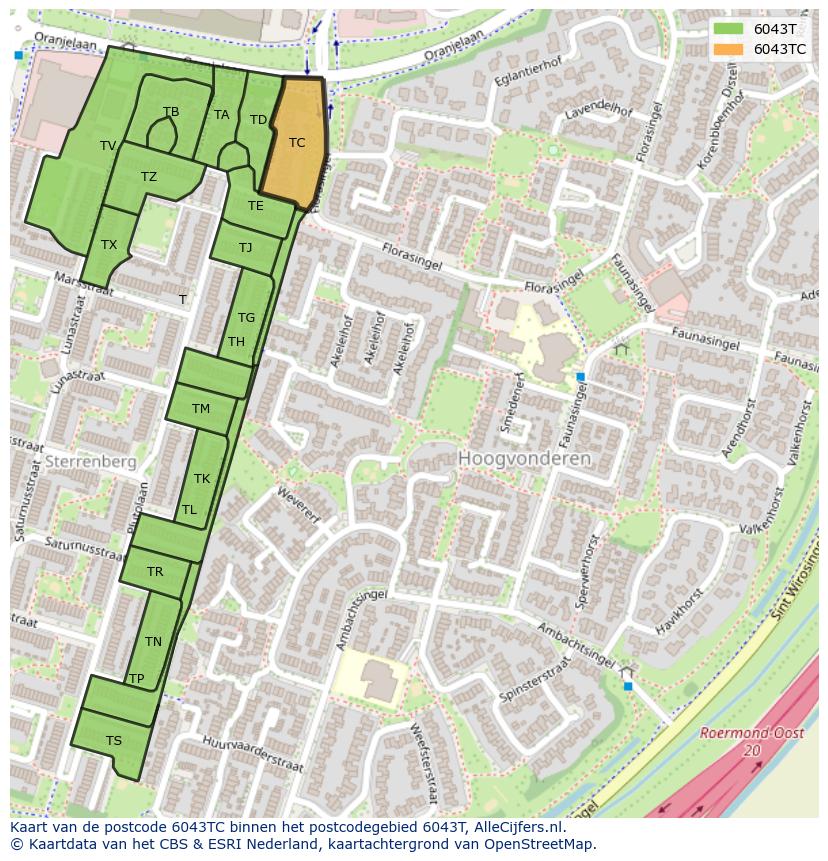 Afbeelding van het postcodegebied 6043 TC op de kaart.