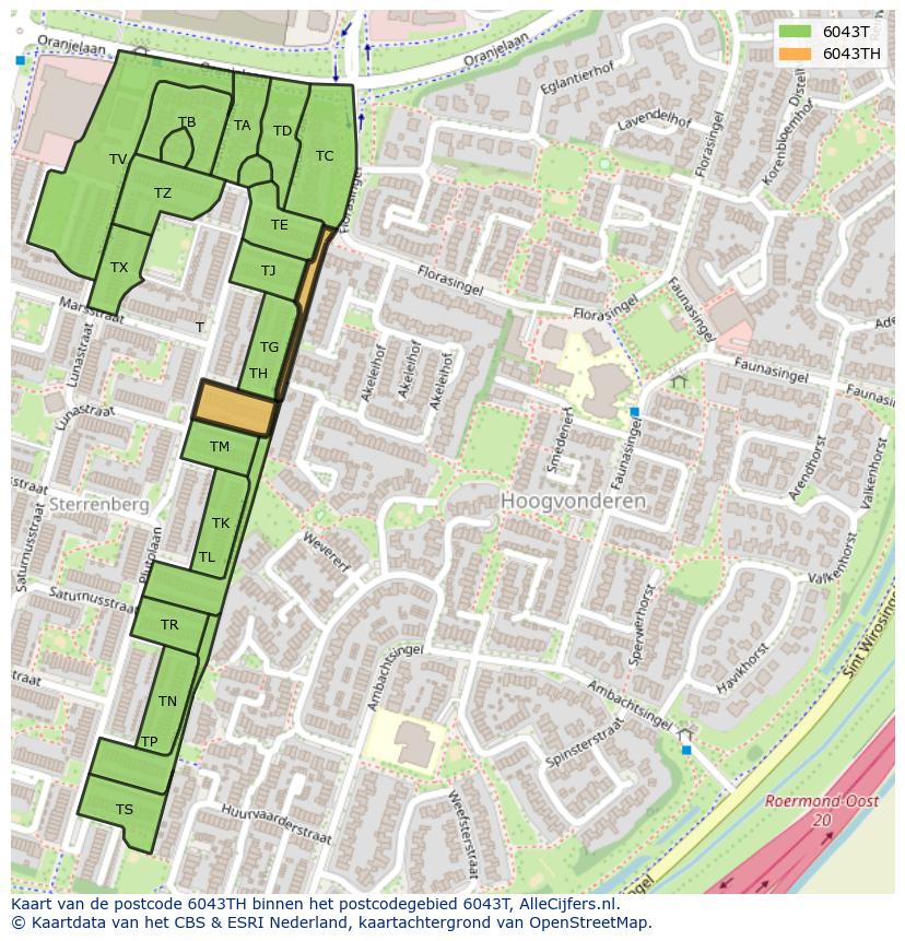 Afbeelding van het postcodegebied 6043 TH op de kaart.