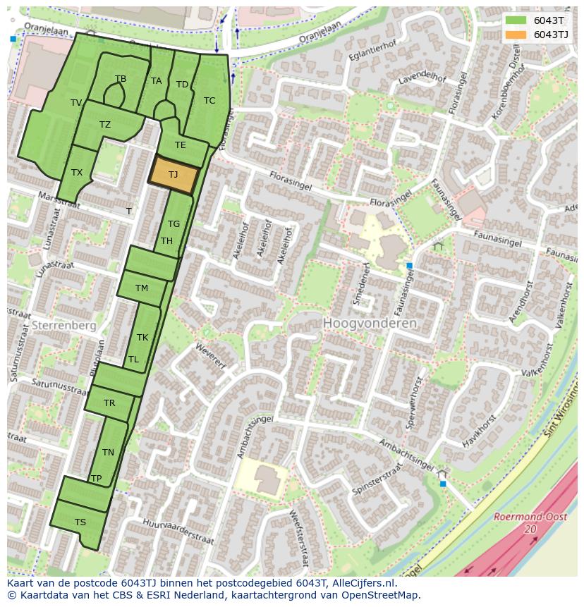 Afbeelding van het postcodegebied 6043 TJ op de kaart.