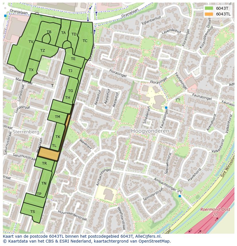 Afbeelding van het postcodegebied 6043 TL op de kaart.