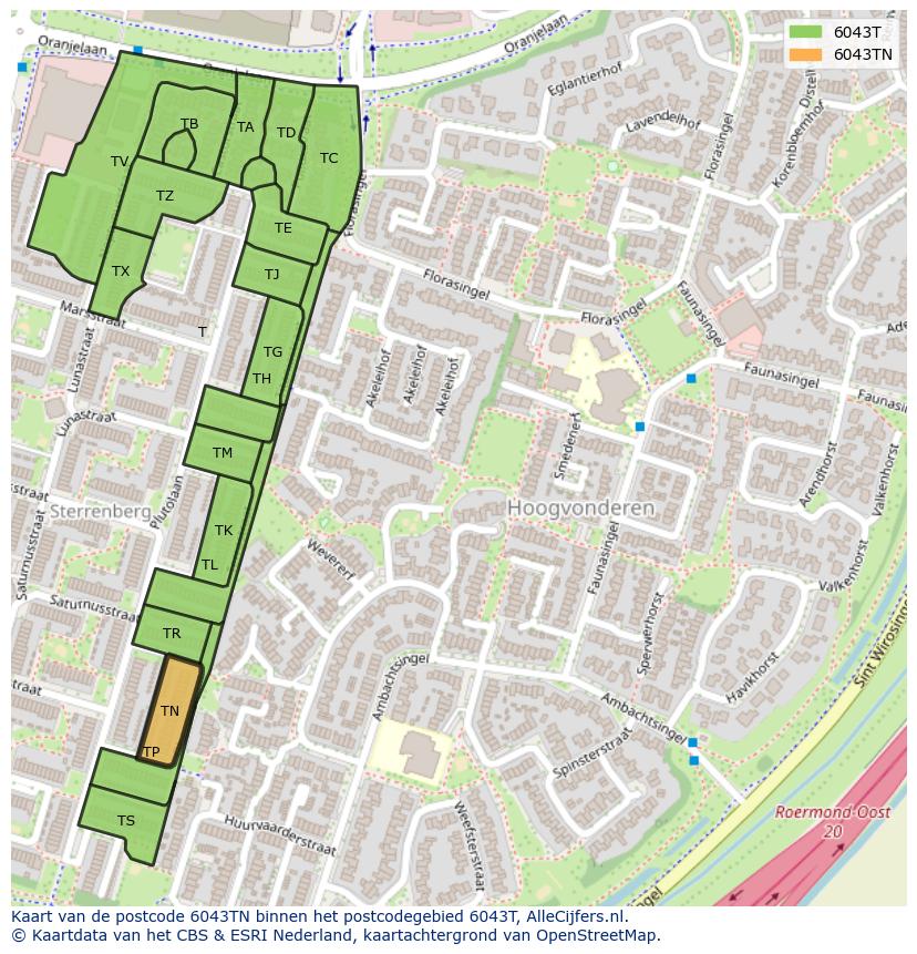 Afbeelding van het postcodegebied 6043 TN op de kaart.