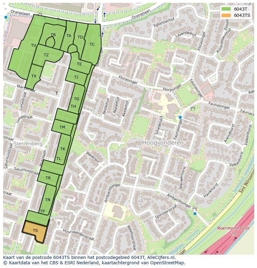 Afbeelding van het postcodegebied 6043 TS op de kaart.