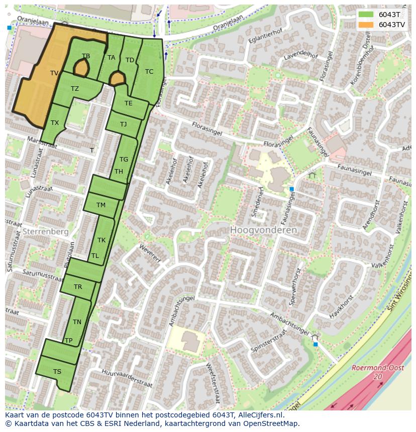 Afbeelding van het postcodegebied 6043 TV op de kaart.