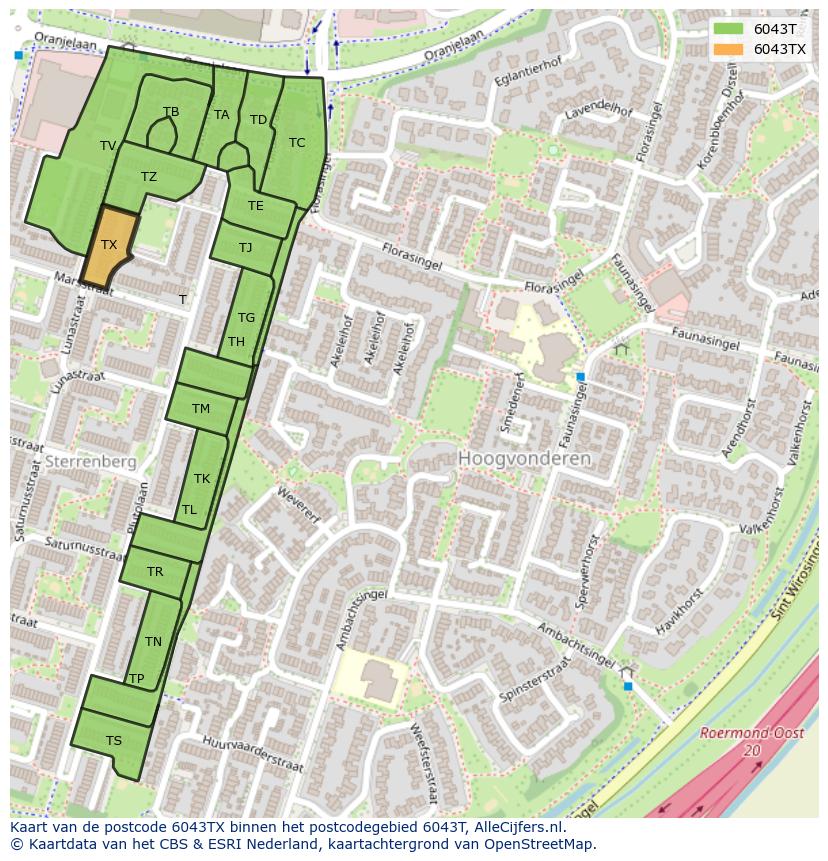 Afbeelding van het postcodegebied 6043 TX op de kaart.