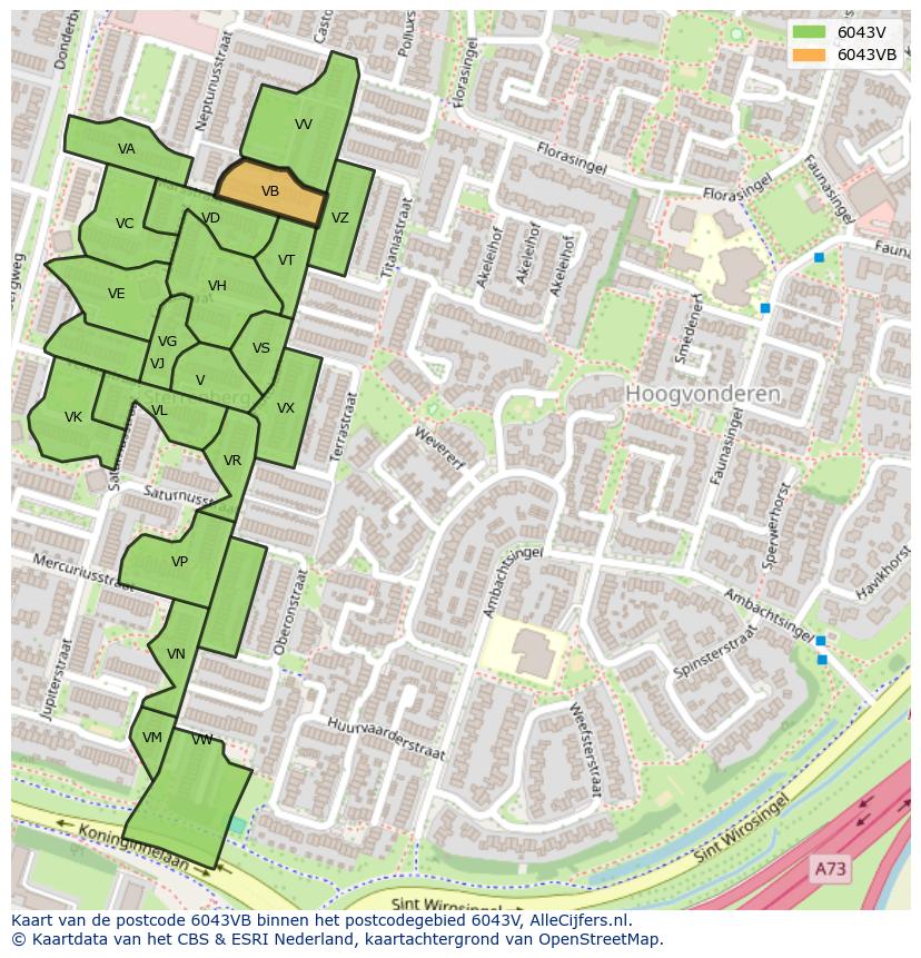 Afbeelding van het postcodegebied 6043 VB op de kaart.