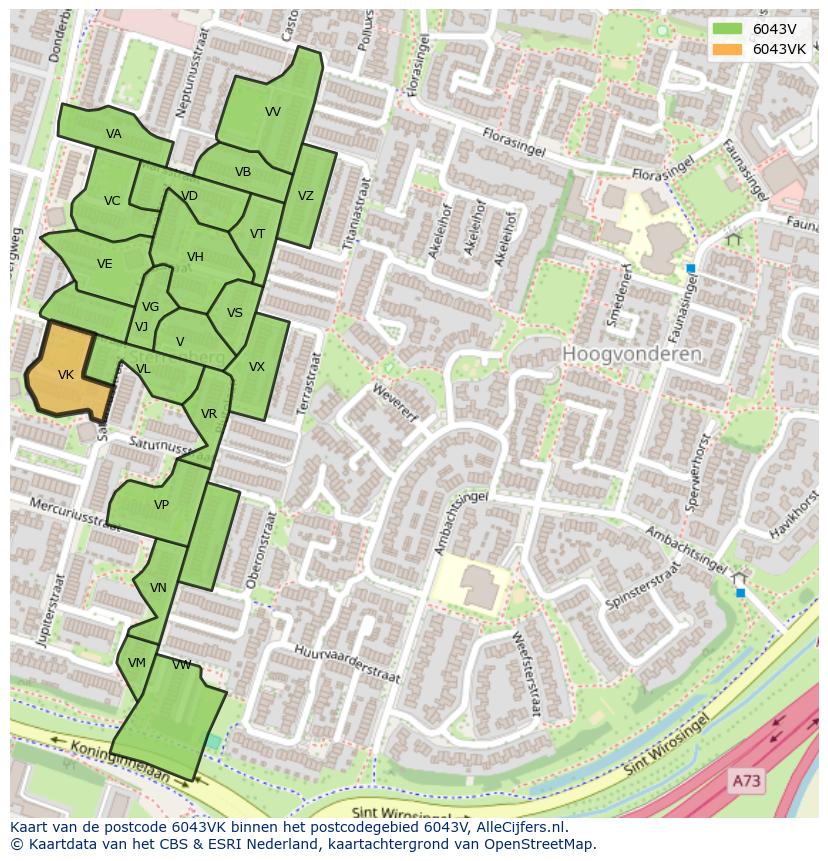 Afbeelding van het postcodegebied 6043 VK op de kaart.