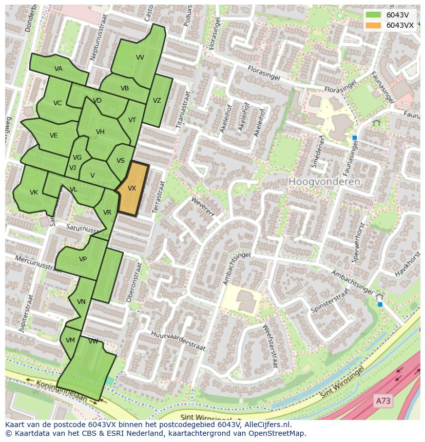 Afbeelding van het postcodegebied 6043 VX op de kaart.