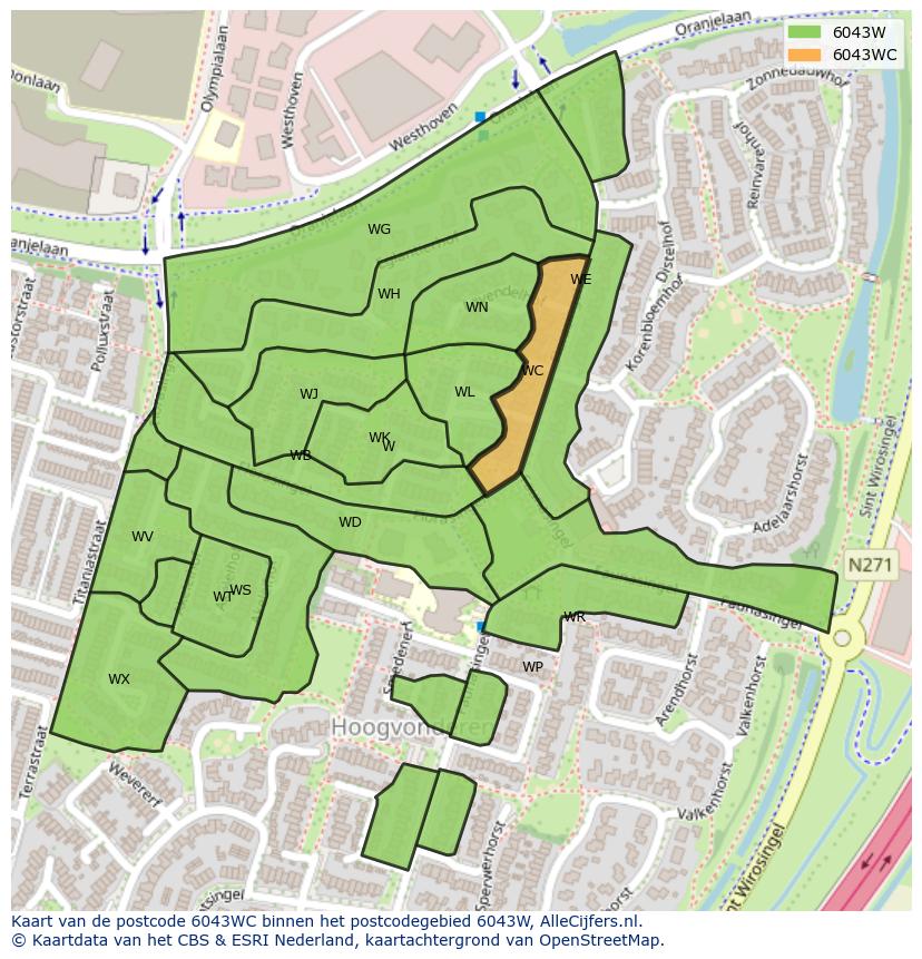 Afbeelding van het postcodegebied 6043 WC op de kaart.
