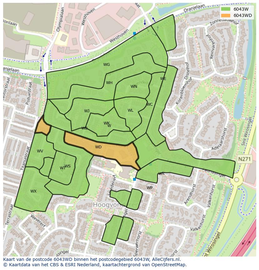 Afbeelding van het postcodegebied 6043 WD op de kaart.