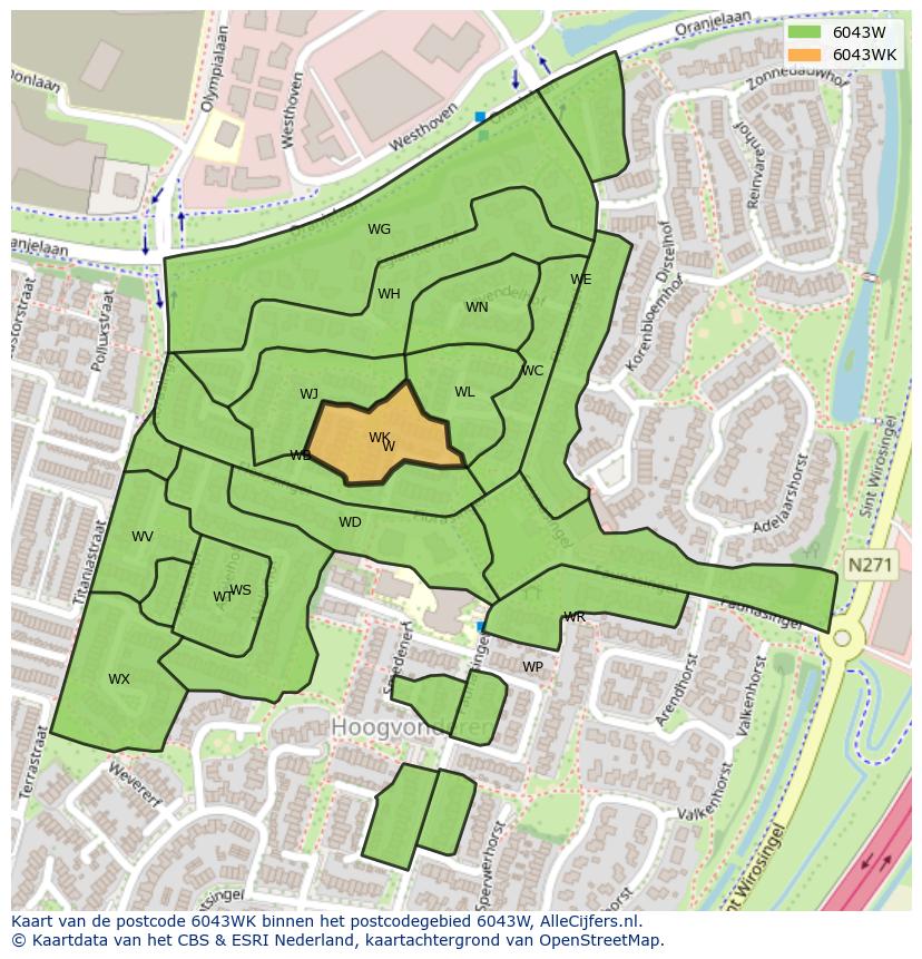 Afbeelding van het postcodegebied 6043 WK op de kaart.