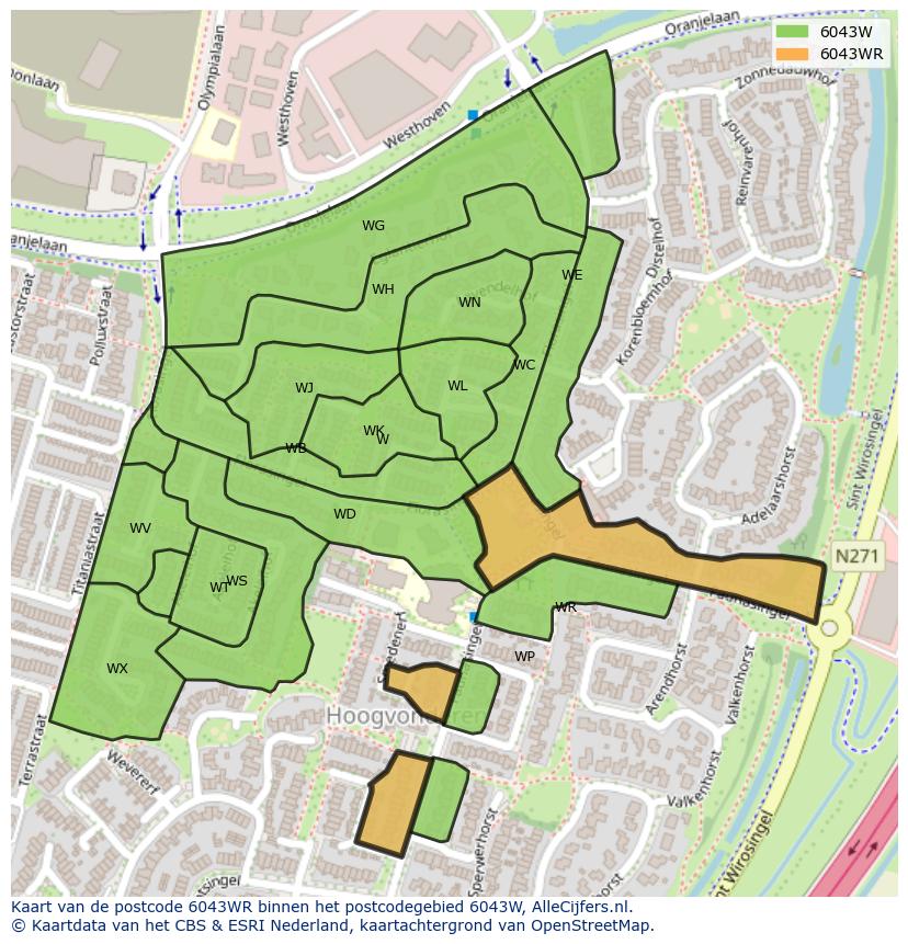 Afbeelding van het postcodegebied 6043 WR op de kaart.