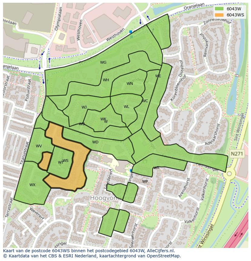Afbeelding van het postcodegebied 6043 WS op de kaart.