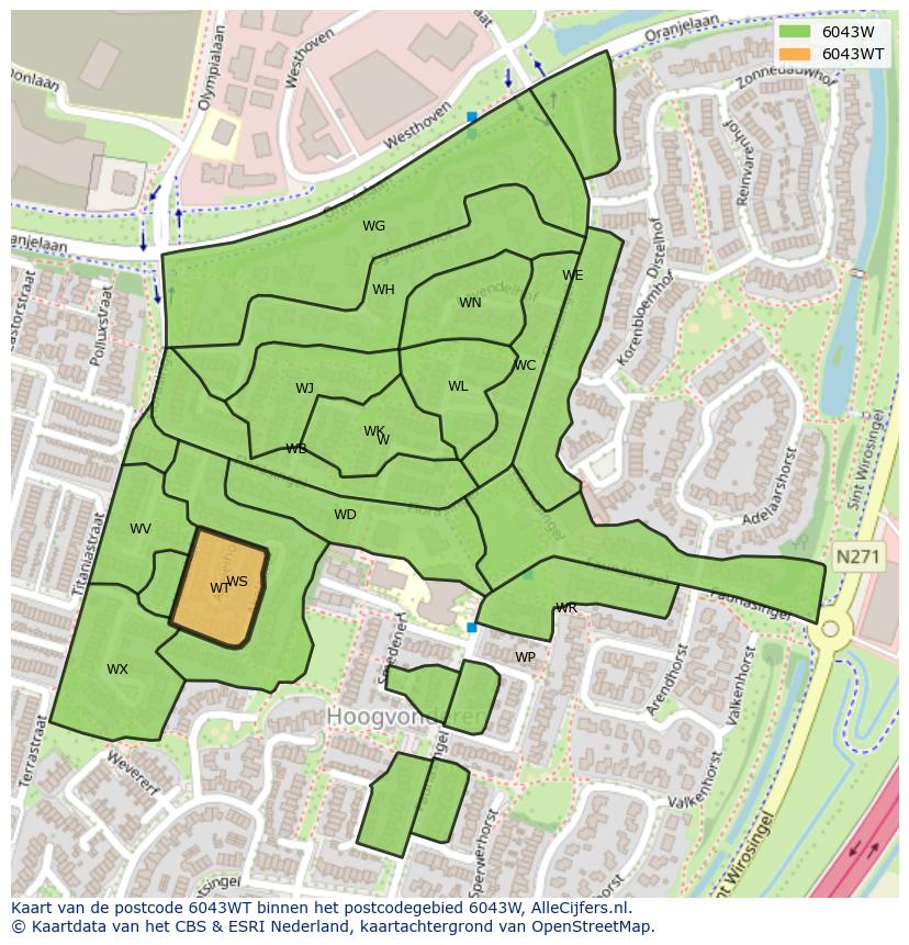 Afbeelding van het postcodegebied 6043 WT op de kaart.