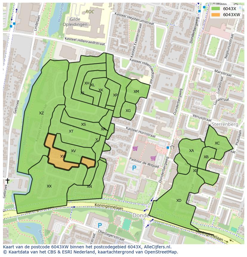 Afbeelding van het postcodegebied 6043 XW op de kaart.