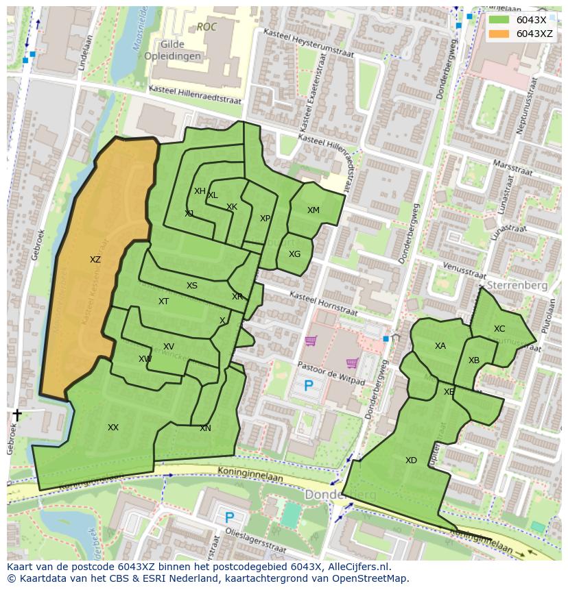 Afbeelding van het postcodegebied 6043 XZ op de kaart.