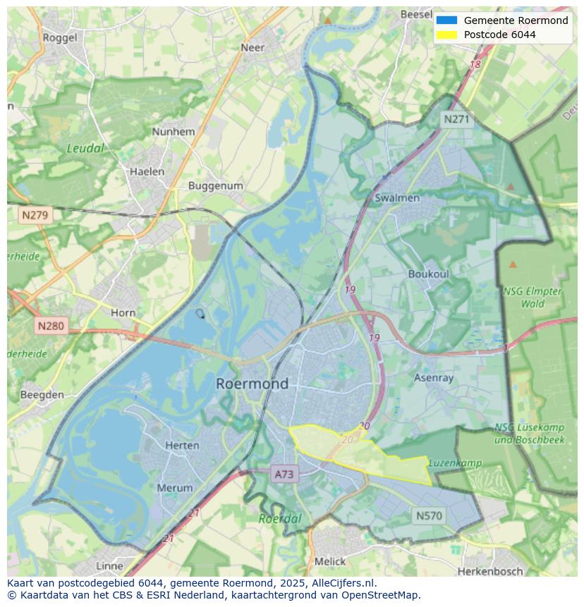 Afbeelding van het postcodegebied 6044 op de kaart.
