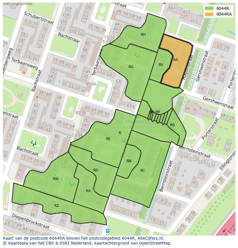 Afbeelding van het postcodegebied 6044 RA op de kaart.