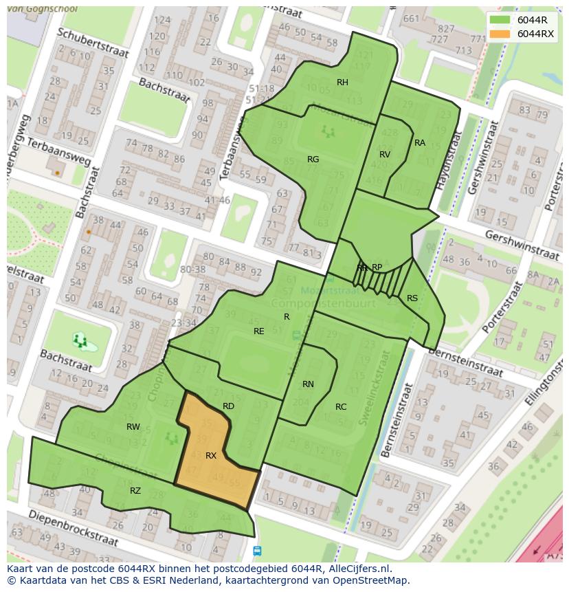 Afbeelding van het postcodegebied 6044 RX op de kaart.
