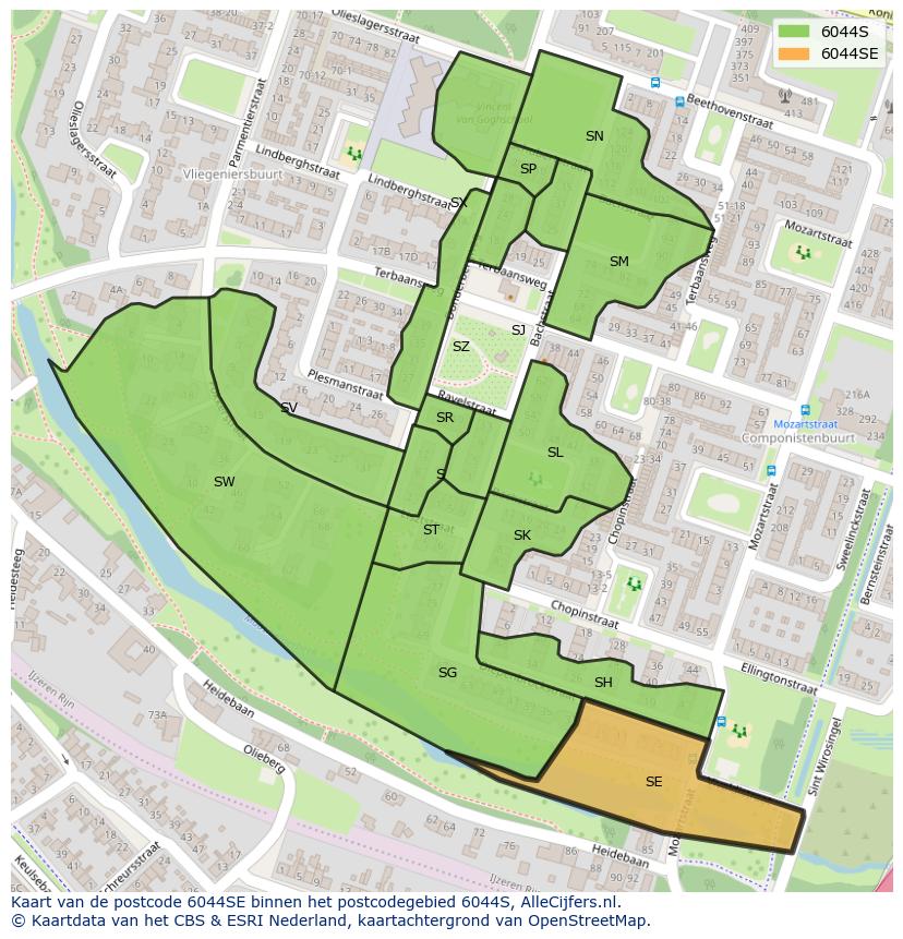 Afbeelding van het postcodegebied 6044 SE op de kaart.