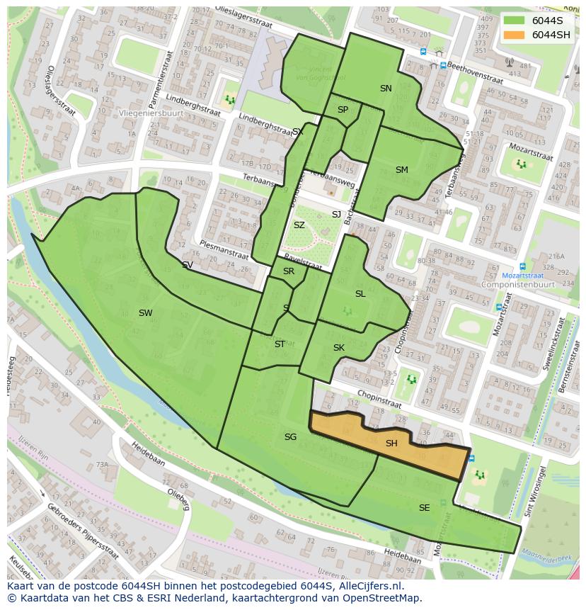 Afbeelding van het postcodegebied 6044 SH op de kaart.