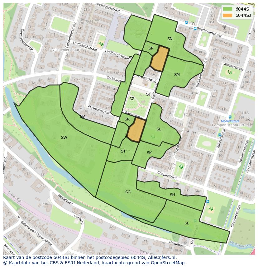 Afbeelding van het postcodegebied 6044 SJ op de kaart.