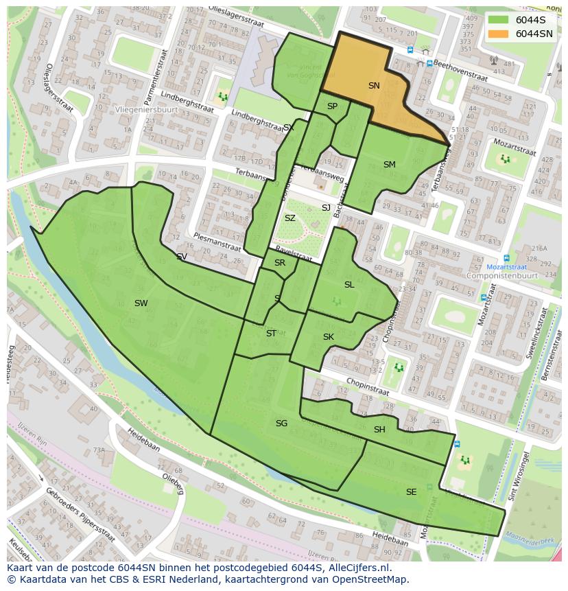 Afbeelding van het postcodegebied 6044 SN op de kaart.
